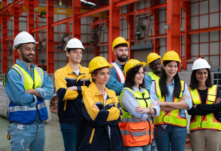 Warehouse worker in hi-vis vest working among storage racks in distribution center