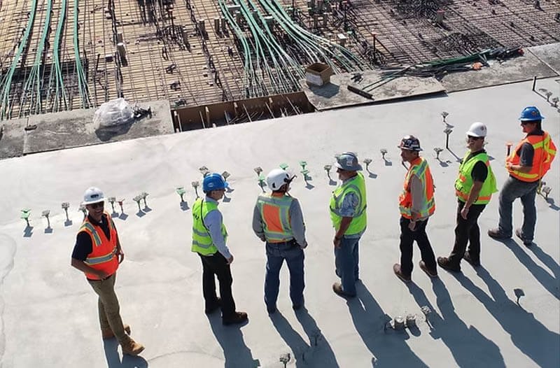 A road worker in a polyester hi-vis shirt actively working on a hot day, demonstrating the need for moisture-wicking fabric.
