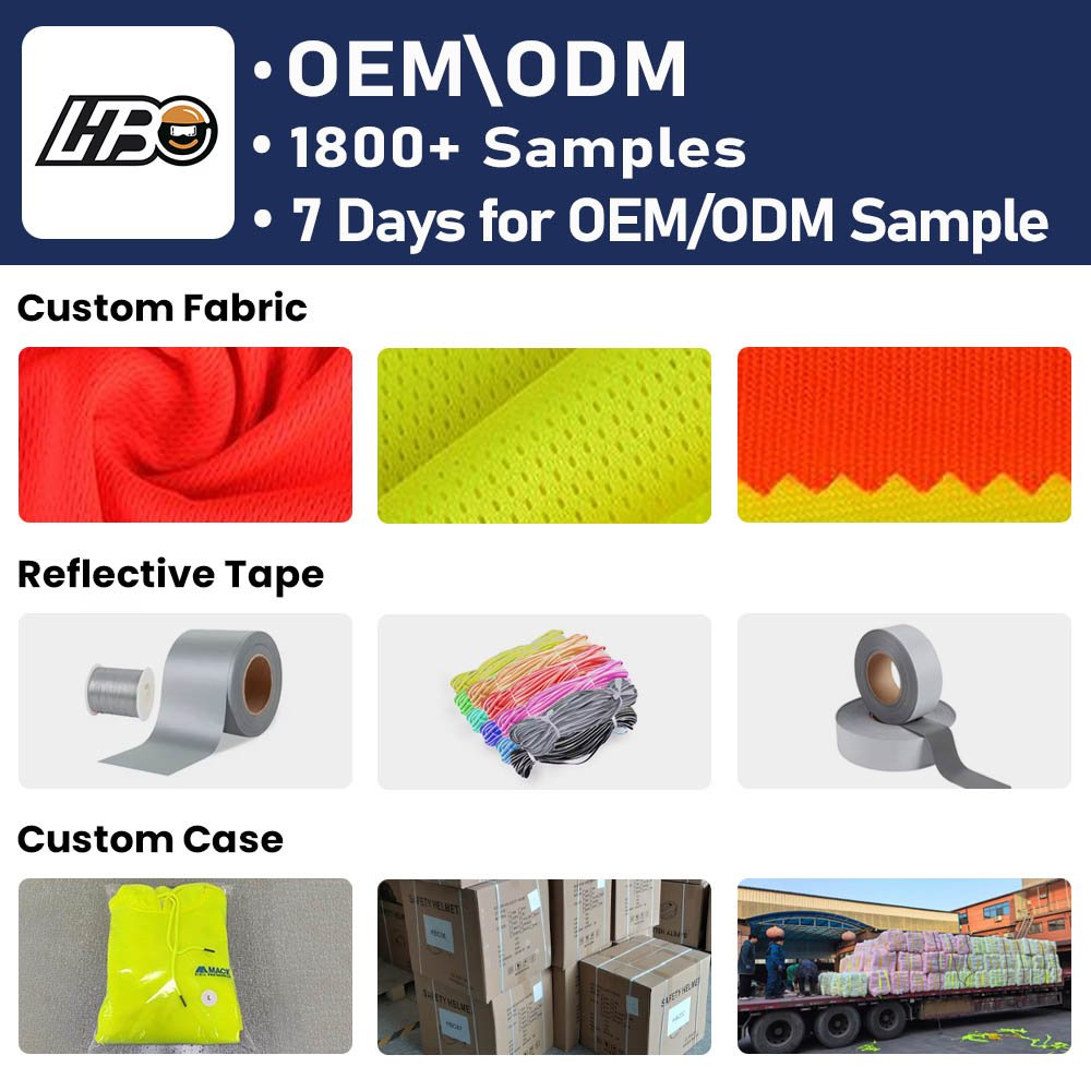 A variety of customized hi-vis polo shirts with different logos and reflective tapes.