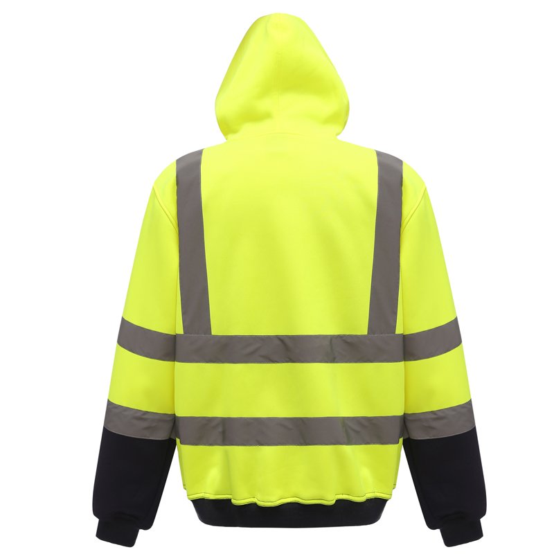 A worker wearing a bright yellow hi-vis crewneck sweatshirt, showcasing a clean neckline.