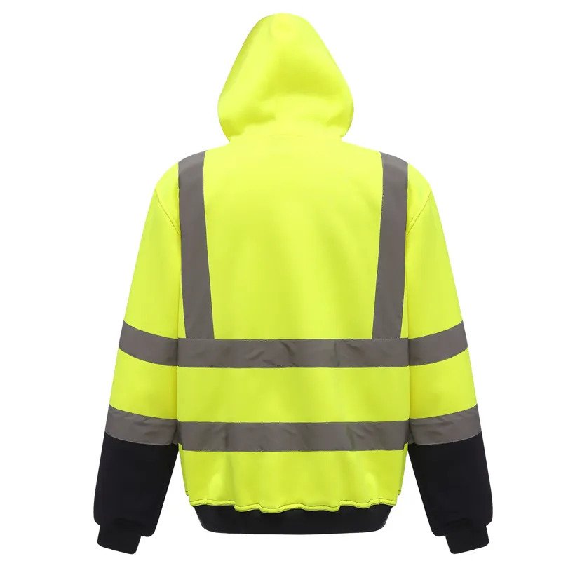 Close-up of fabric weight comparison in hi-vis sweatshirts