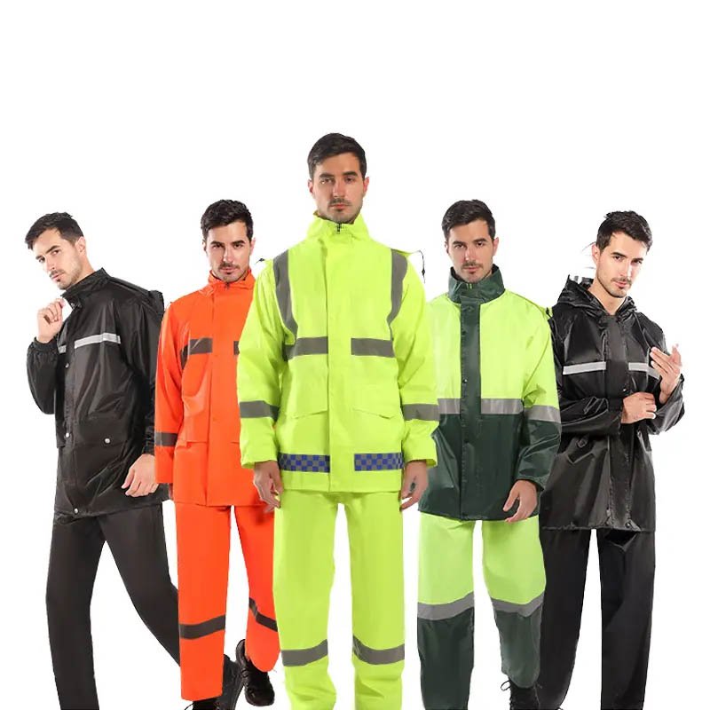 Detailed demonstration of hi-vis rain suit showing reflective tape and functional pockets
