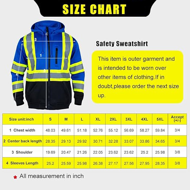 Hi Vis Safety Sweatshirt Size Chart