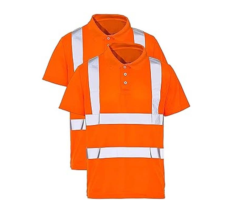 A classic orange hi vis polo shirt with reflective tape.