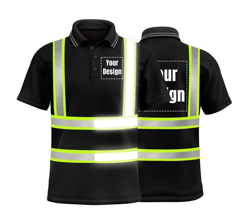 A two-tone black hi vis polo shirt that hides dirt.
